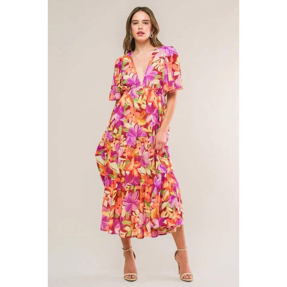 Flying Tomato Start Looking Floral Print Puff Sleeve Woven Midi Dress Small